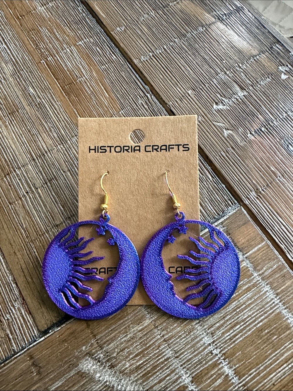 3D Printer Purple Sun & Moon Hoop Earrings